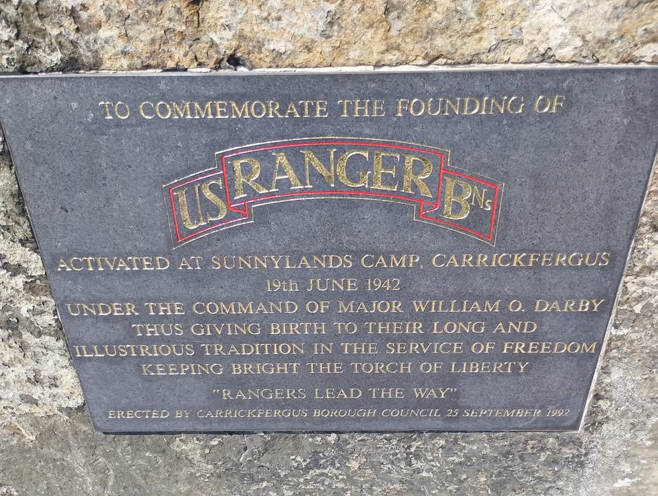 Close-up of the U.S. Ranger Battalions memorial plaque at Sunnylands Camp, Carrickfergus.